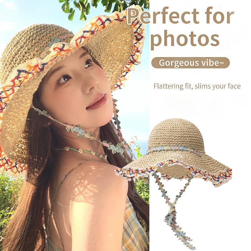 Summer Women'S Wide-Brimmed Straw Hat Beach Vacation Style Sun Hat Straw Fisherman Hat