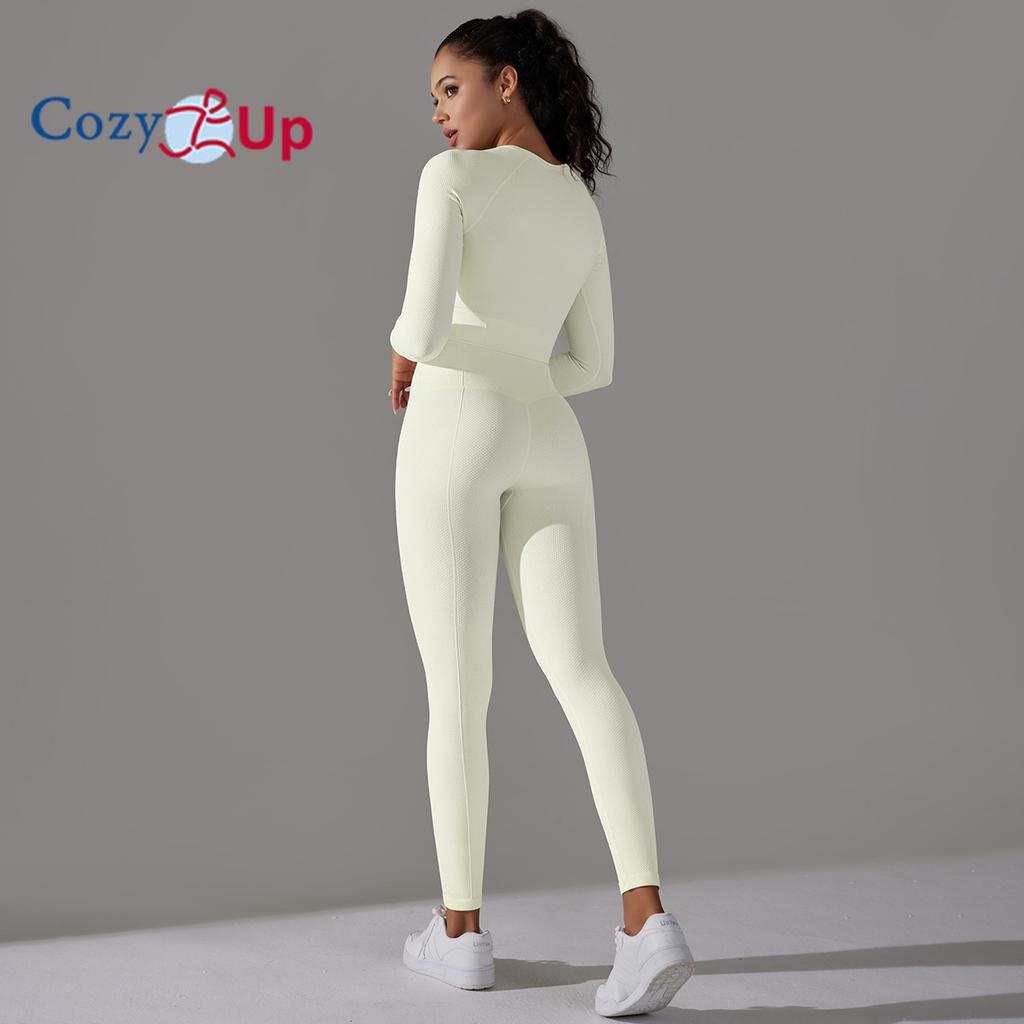 Cozy Up Workout Sets for Women 2 Piece Yoga Gym Outfits Seamless Ribbed Leggings with Long Sleeve Tops