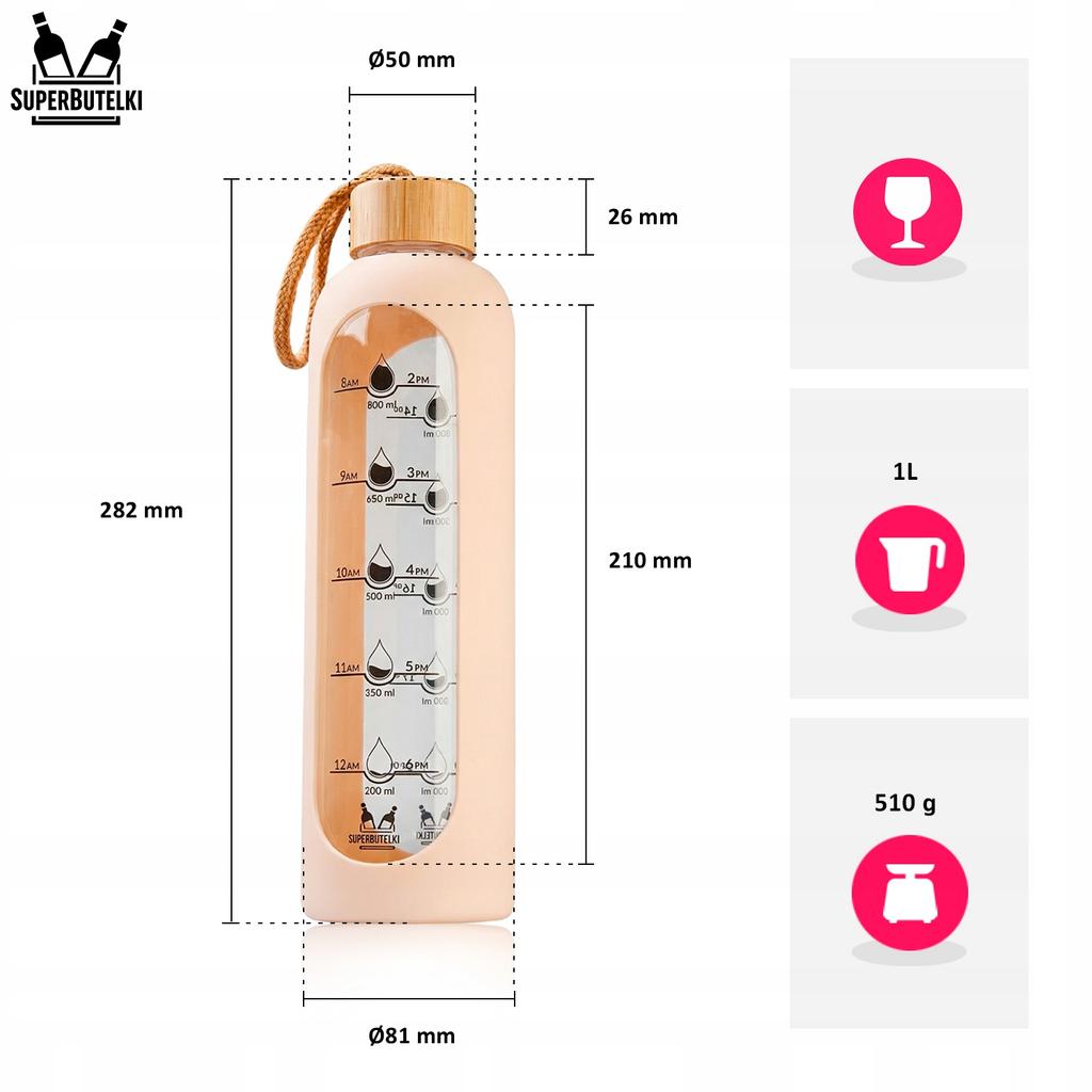 Glass water bottle 1000 ml with silicone case (beige)