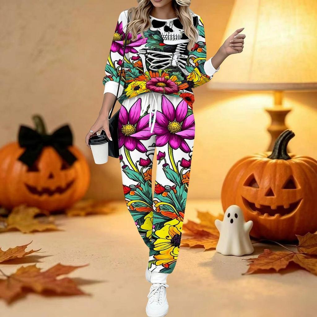 Damen Halloween Print Zweiteiliges Outfit, Langarm Rundhals Oberteil & Jogginghose mit Kordelzug Lässiger Trainingsanzug für Frühling Herbst
