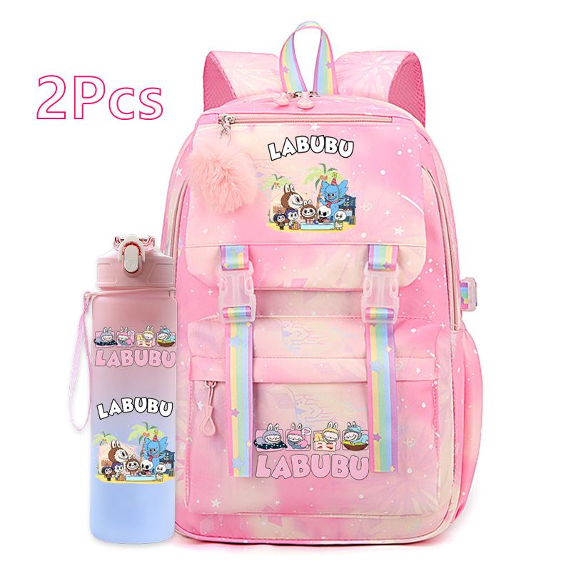 2Pcs/set Cute Cartoon Printed Backpack with 750Ml Outdoor Sports Water Bottle Student Girl Boy Schoolbag Large Capacity Travel Bag Gift