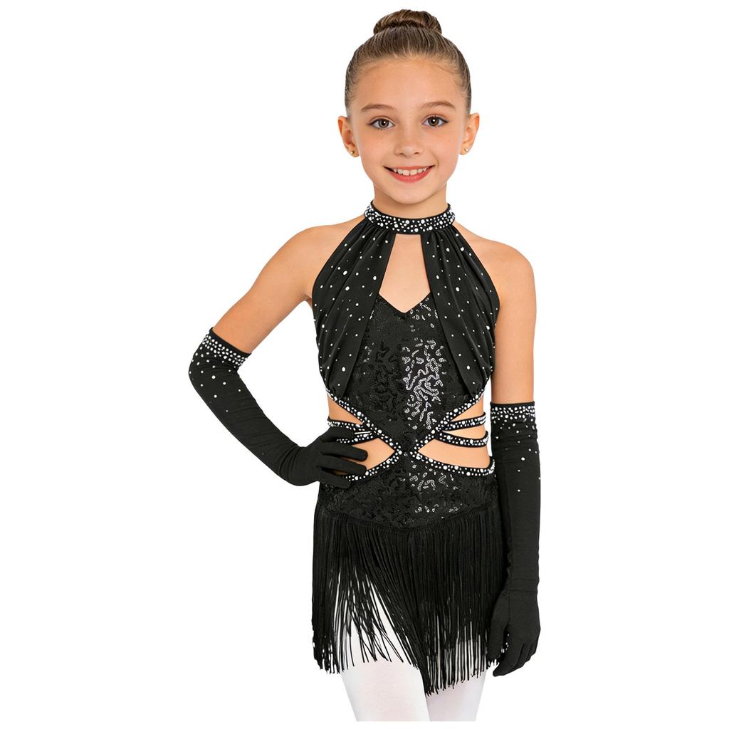Sleeveless Ruched Mesh Bodice Rhinestone Sequin Dress with Strappy Waist Tassel and Mesh Gloves for Girls Latin Dance Competition Stage