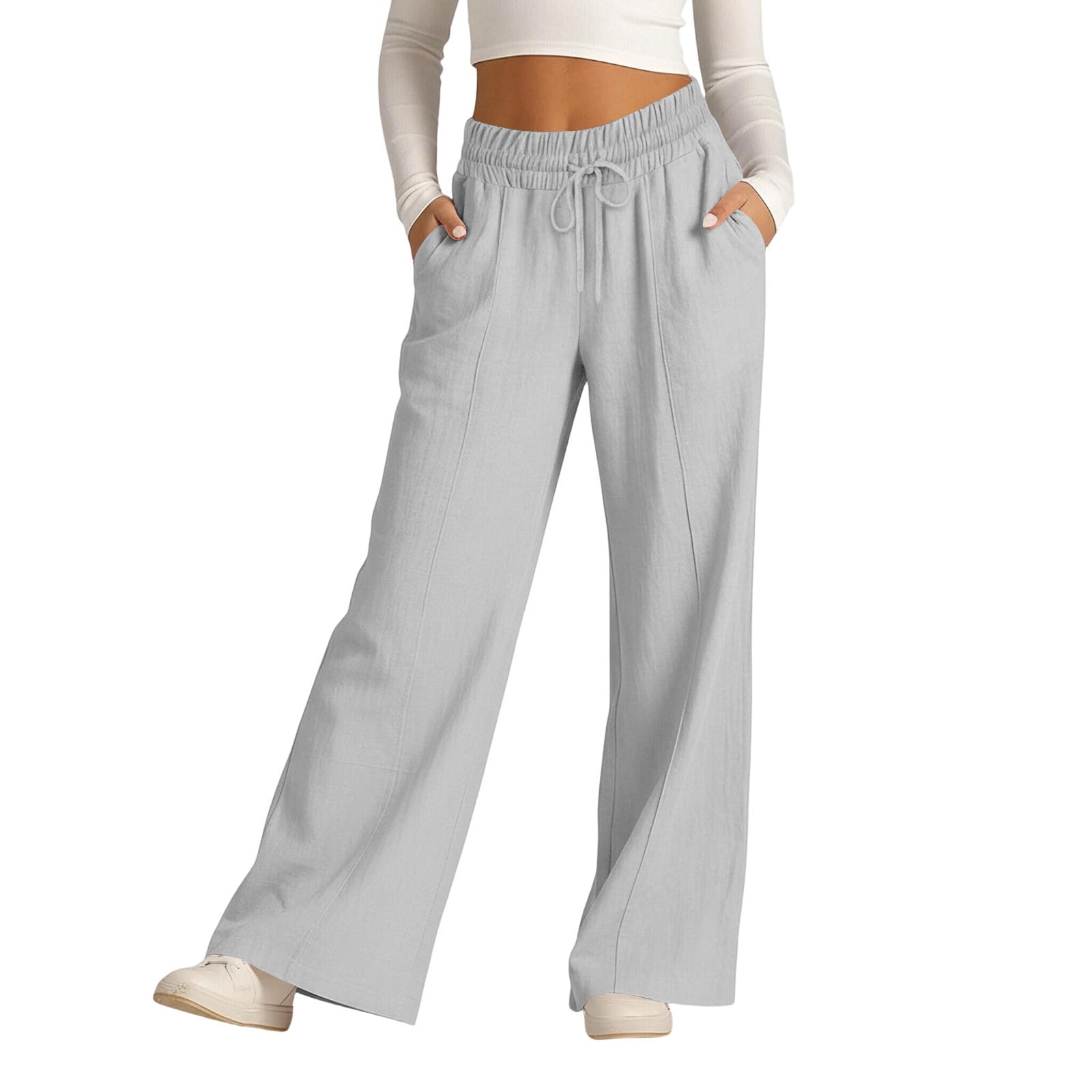 

Women Elastic High Waist Pant Casual Fit Wide Leg Long Pants Trousers With Pockets L