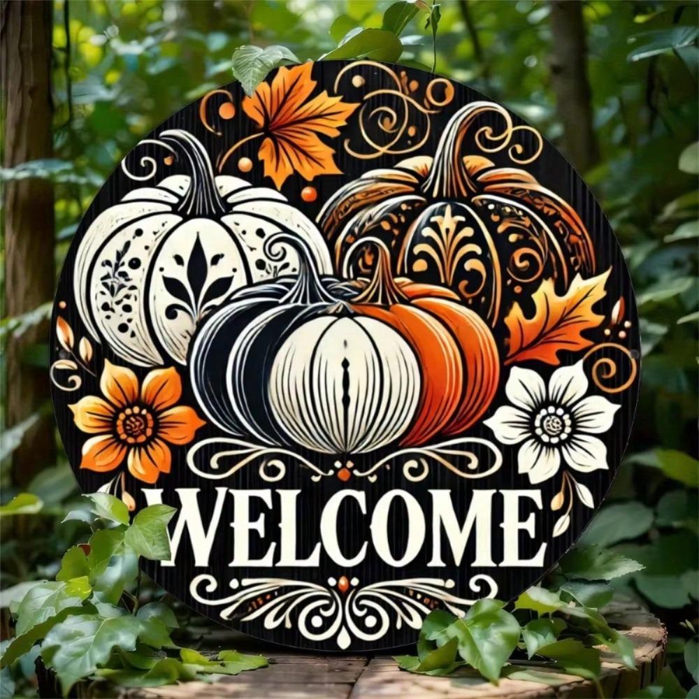 Round Metal Wall Poster Pumpkin Flower Wreath Rusty Halloween Decor for Cafe