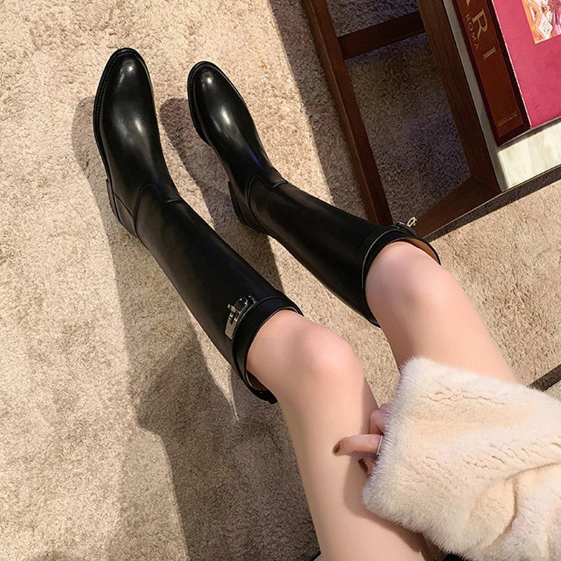 Cowhide Version~ Autumn and Winter New Pointed Thick Heel Knight Boots Commuting Medium and High Boots Women