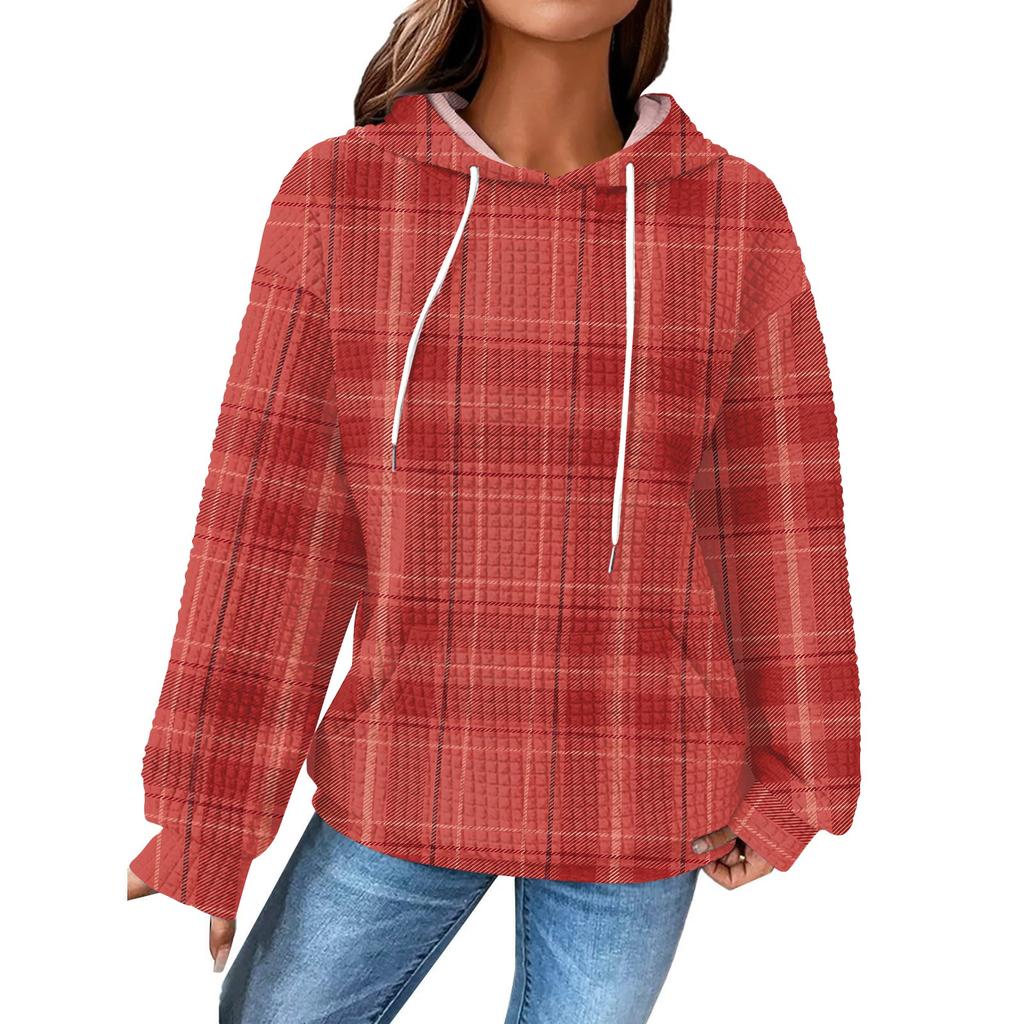 Damenmode Lockerer Kapuzenpullover Langarm Kariertes Sweatshirt mit Kordelzug Überschnittene Schultern und Tasche Print Top