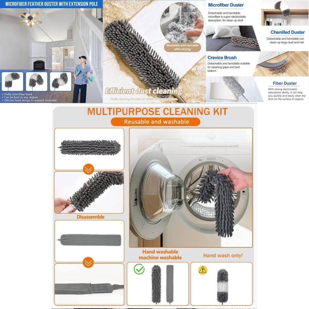 Fiber Material Telescopic Duster With Flat Head For Furniture And Ceiling Dusting