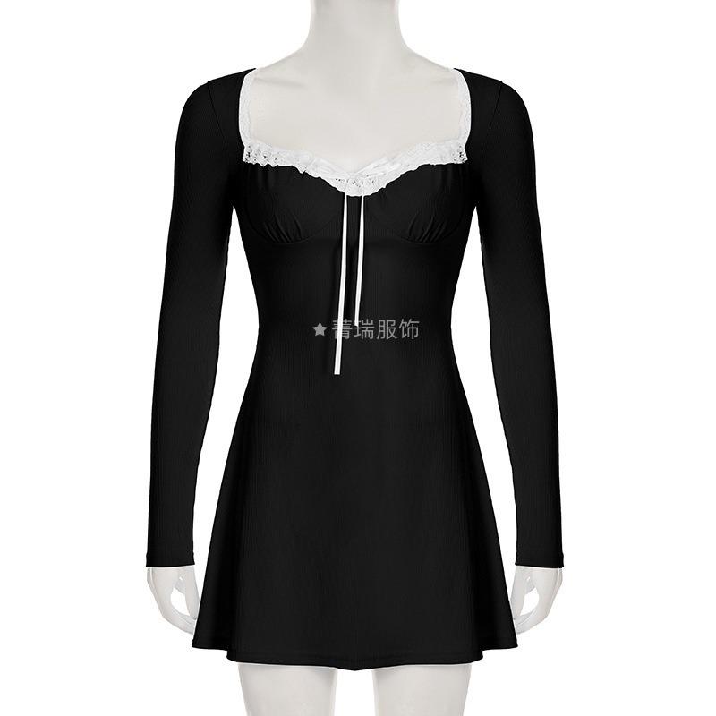 Women's New Lace Splicing Temperament Square Collar Pure Long Sleeved Dress