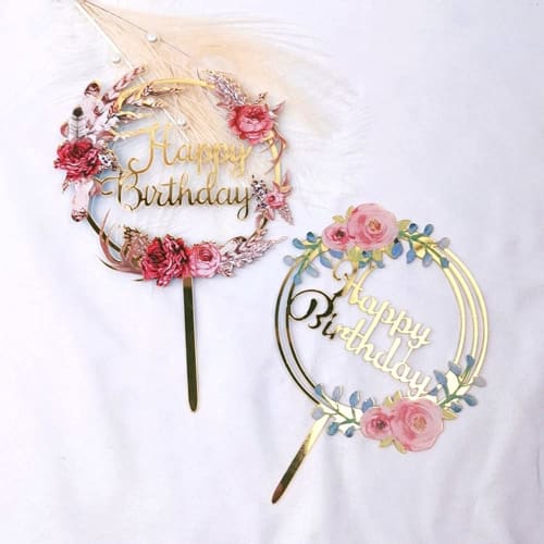 LIKENNY 5-Piece Set of Cake Topper, Birthday Cake Decoration, Cake Insert Card, Flower, Happy Birthday Party Cake Decorating Supplies for Celebrations