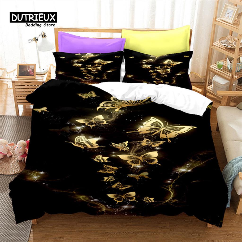 Comforter Golden Butterfly And Floral Bedding Set Queen Print Black For Kids Girls Boys Adults Bedroom Decor