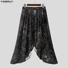 INCERUN Men Elastic Waist Print Ruffled Splits Bohemia Holiday Irregular Long Skirts