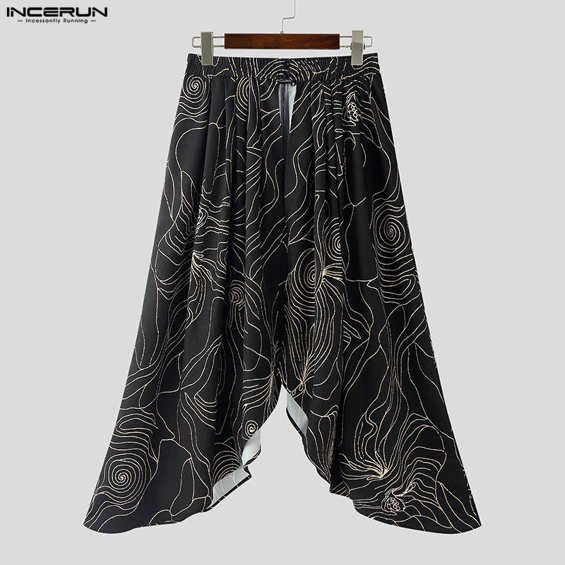 INCERUN Men Elastic Waist Print Ruffled Splits Bohemia Holiday Irregular Long Skirts