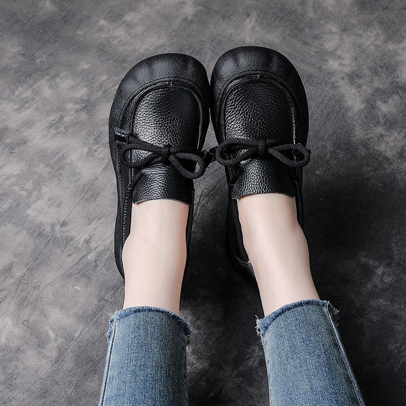 Autumn New Retro Handmade Genuine Leather Casual Soft Round Toe Women Flat for Adult Women Elegant Style