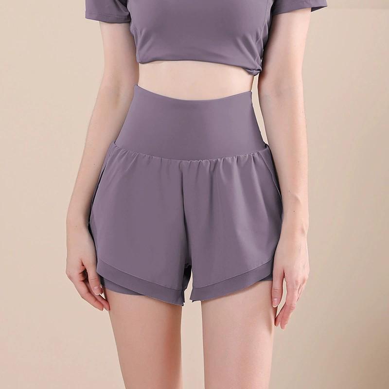 Women's High-Waist Quick-Dry Yoga Running Shorts - Slim Fit, Breathable, Fake Two-Piece, Three-Quarter Length, Loose Fit.