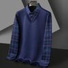Fall Winter Men Sweater Fake Two-piece Lapel Plaid Slim Fit Thick Plush Warm Knitted Soft Long Sleeve Pullover Formal Business Style Mid-aged Men Top
