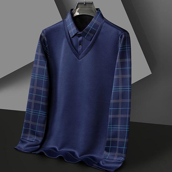 Fall Winter Men Sweater Fake Two-piece Lapel Plaid Slim Fit Thick Plush Warm Knitted Soft Long Sleeve Pullover Formal Business Style Mid-aged Men Top