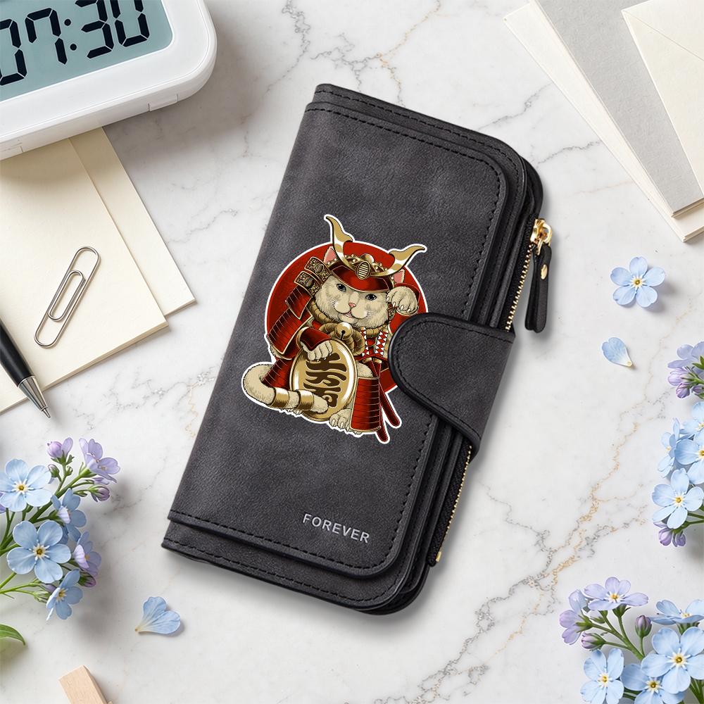 Cute Samurai Cat Pattern Long Wallet Portable Multi Card Slot Daily Purse Fashion PU Leather Zipper Casual Small Clutch for Women