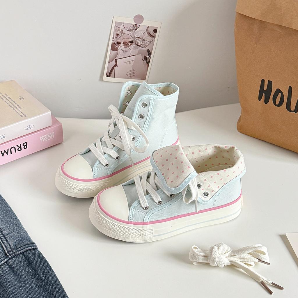Women's High Top Platform Canvas Sneakers Polka Dot Foldable Collar Lace Up Breathable Korean Style Casual Shoes Fall