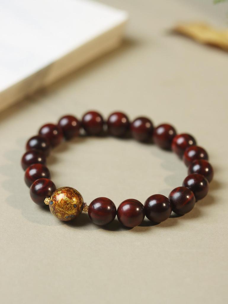 Women's Small-Leaf Rosewood Bracelet with Mother-of-Pearl Bead, Wenwan Buddhist Calming Ornament, Unisex.