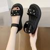 SyfIyno Summer New Pleated Belt Hanging Pearl Women's Sandals Thick Soled Outer Casual Self-adhesive Buckle Beach Shoes Sandals