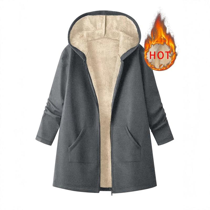 Womens Solid Color Fleece-Lined Hooded Mid-Length Coat 2026 Casual Oversized Wool Blend Jacket