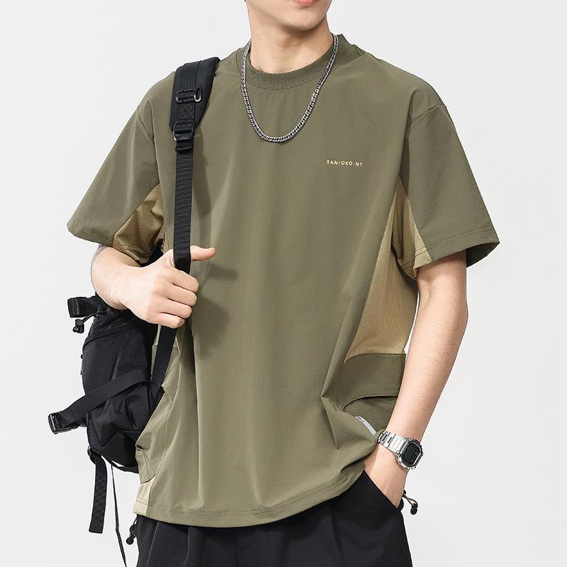 New Summer Design Side Pocket T-shirt Ice Silk Cool Men's Round Neck T-shirt Short Sleeves