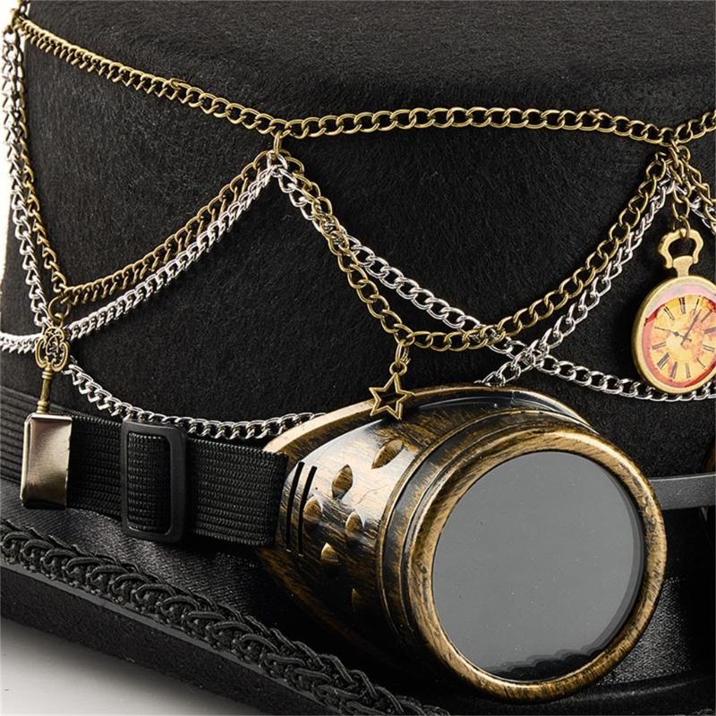 Dark Top Hat Steampunk Goggles Style Top Hat With Metal Chain Gothic Themed Cosplay Costume Accessories