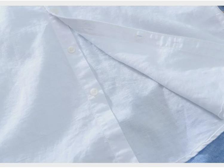 Men's Short-Sleeve Stand Collar White Linen Shirt, Casual Loose Fit, Lightweight Summer Cotton.