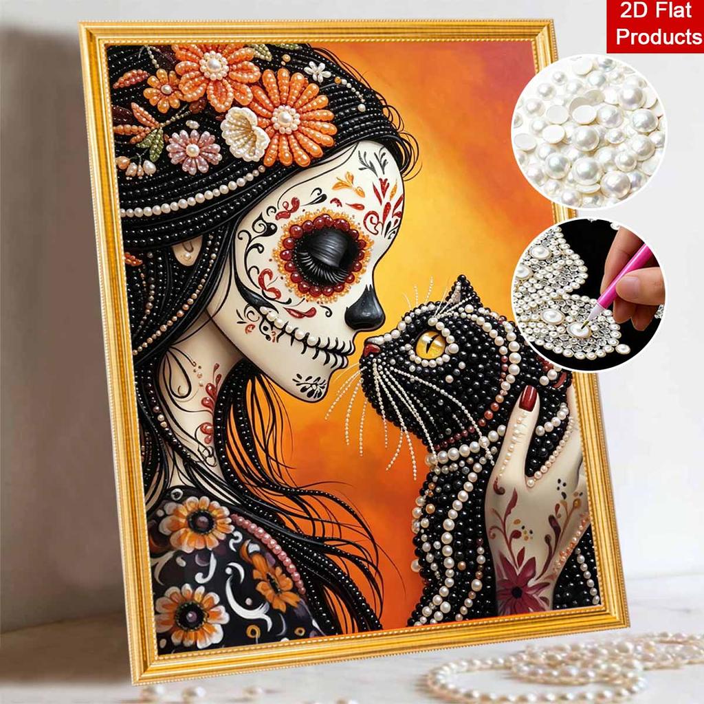Halloween day of the dead cat flower girl pearl painting art full pearl handmade diy home decorations