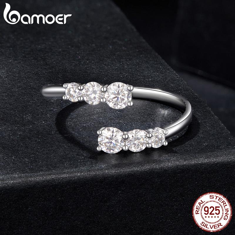 BAMOER Moissanite White Gold Plated Adjustable Ring 925 Silver Exquisite Open Ring for Women Engagement Jewelry Gift