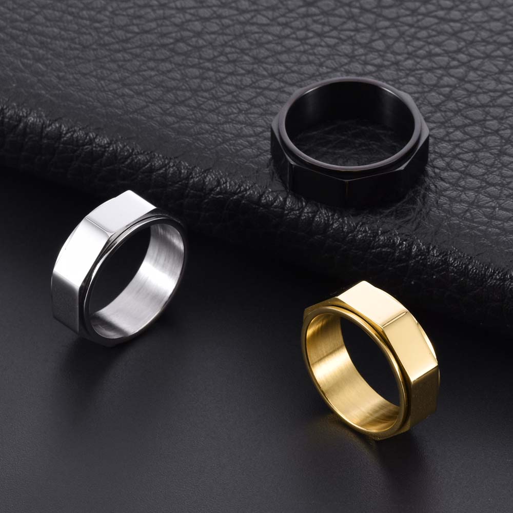 Men's Rotating Octagon Ring Carved Titanium Steel Gothic Punk Jewelry Adjustable Spinner Band Alternative Style Ready To Ship