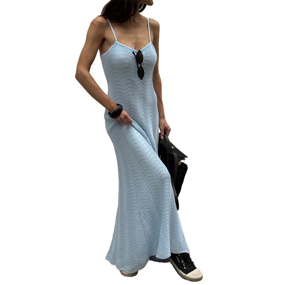 Solid color knitted suspender dress European and American summer new slim lazy casual off-the-shoulder suspender long