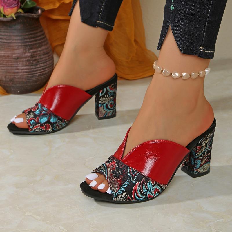 Women'S Floral High Heel Sandals - Red & Black Open-Toe Slip-On Platform Shoes with Thick Sole, Comfortable Fabric & Synthetic Cover for Casua