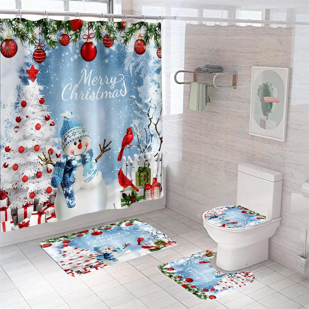 Christmas Polyester Bathroom Shower Curtain Set, Christmas Gifts, Father Christmas Snowman, Happy New Year, Decor
