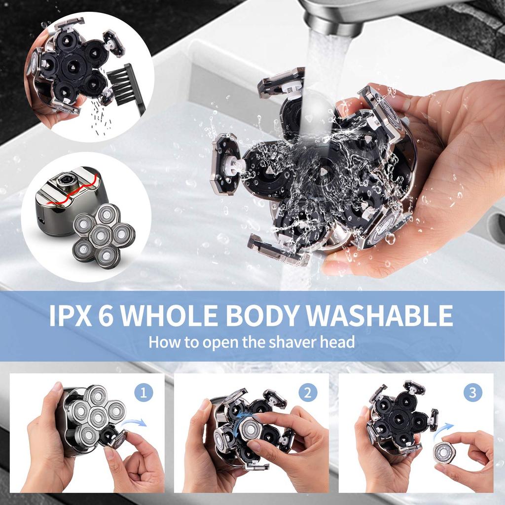 6 In 1 Rechargeable Electric Shaver 6 Floating Heads Bald Grooming Kit Shaver for Men Waterproof Wet Dry Beard Trimmer