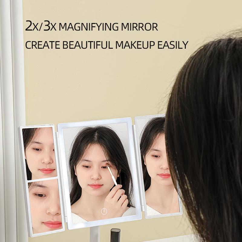 Wireless Folding Cosmetic Reflector With LED Light 3 Tone Lights Desktop Vanity Mirror 2X/3X Magnifying 360° Adjustable Rechargeable