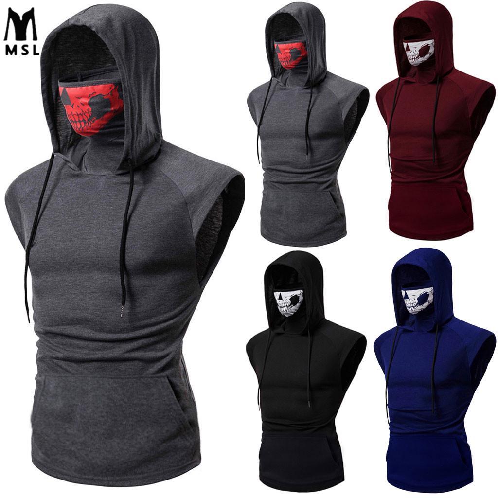 Mens Skull Mask Vest Button Sports Vest Hooded Splice Hoodiebuy at a