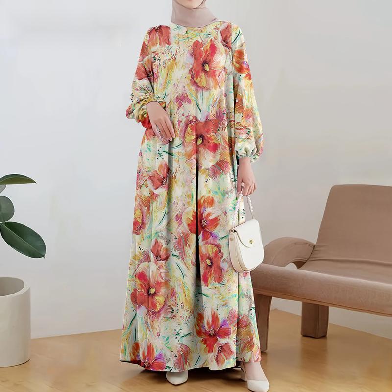 Damen Floral Print Abaya Maxikleid Rundhalsausschnitt Langarm Locker Lässig Islamisches Muslimisches Gewand XXXL orangerot