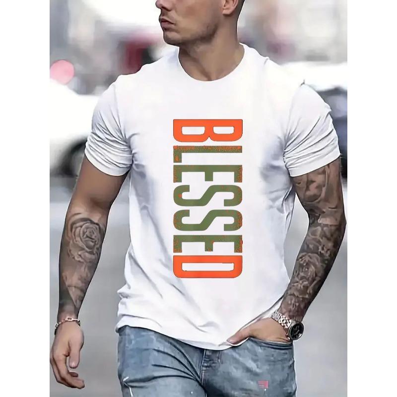 European sizes Men Blessed Graphic Print T-Shirt For Men Casual Short Sleeve Tee 1 Pcs  - Comfortable Crew Neck