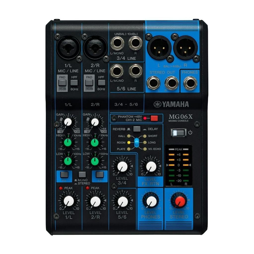 YAMAHA 6-channel mixing console MG06X Up to 2 Mic / 6 Line inputs (2 monaural + 2 stereo) Equipped with 6 types of high-quality digital effects using