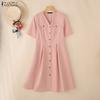ZANZEA Women Casual V-Neck Solid Color Short Sleeve Dress