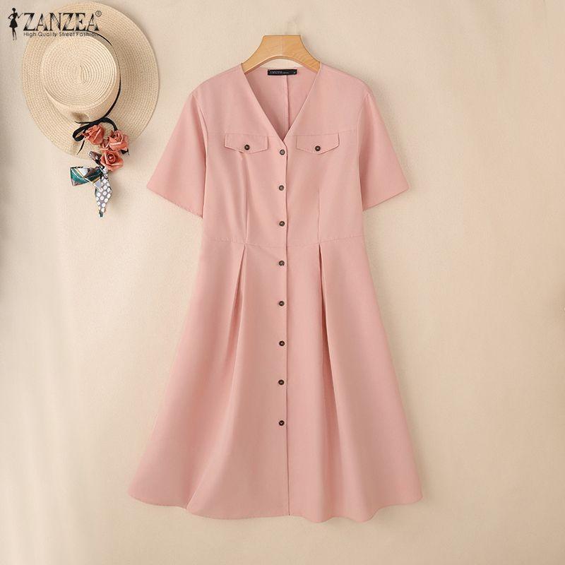 ZANZEA Women Casual V-Neck Solid Color Short Sleeve Dress