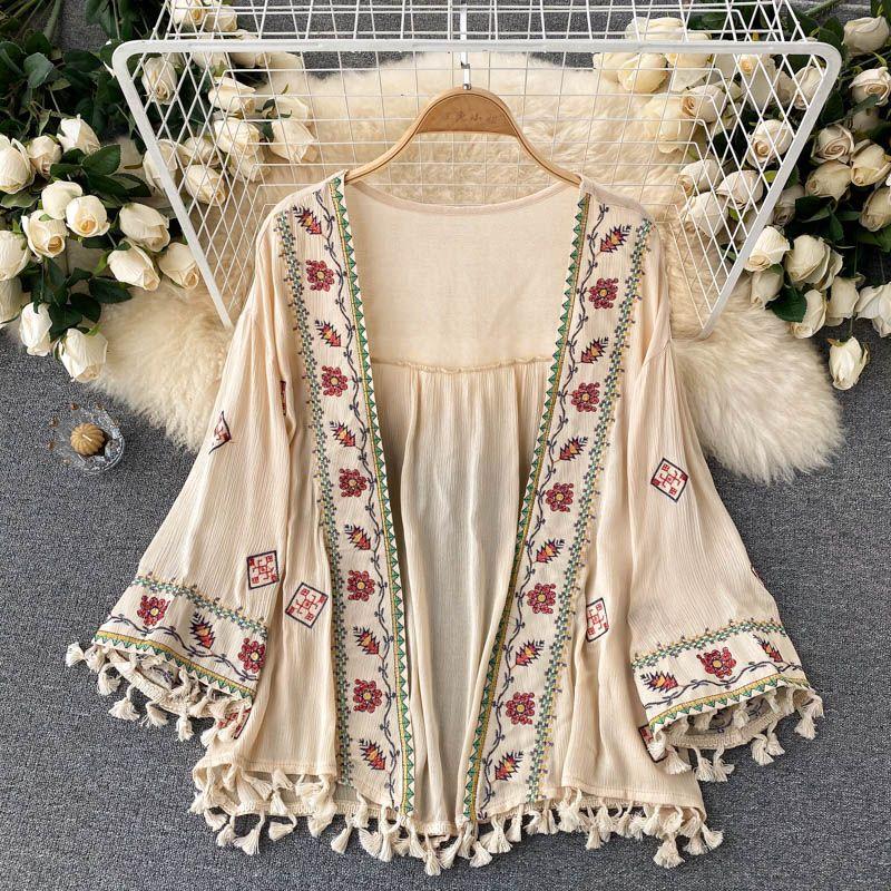 

Seaside Holiday Retro Thailand Bell Sleeve Tassel Embroidered Apricot All yards