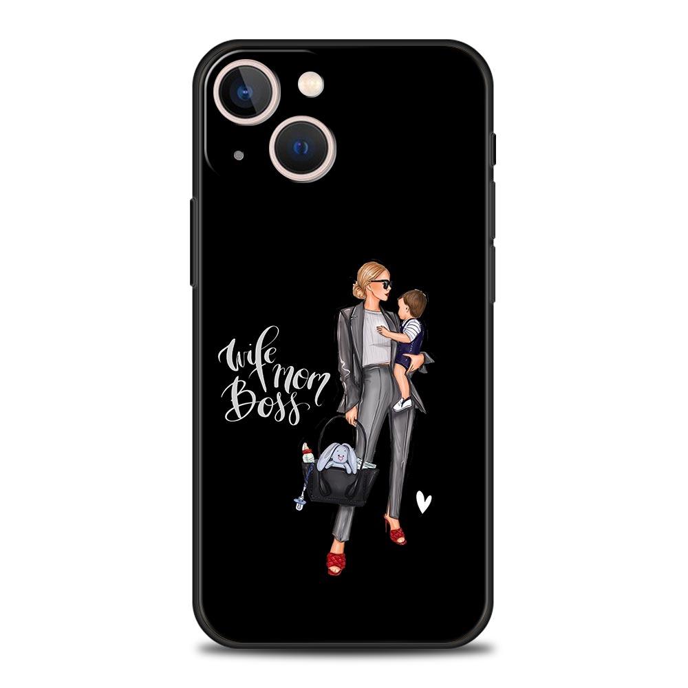Schwarz Braun Haar Baby Mama Mädchen Sohn Telefon Fall Für iPhone 13 15 14 12 Mini 11 Pro MAX XR X SE XS 7 8 Plus Silikon Schwarz Abdeckung