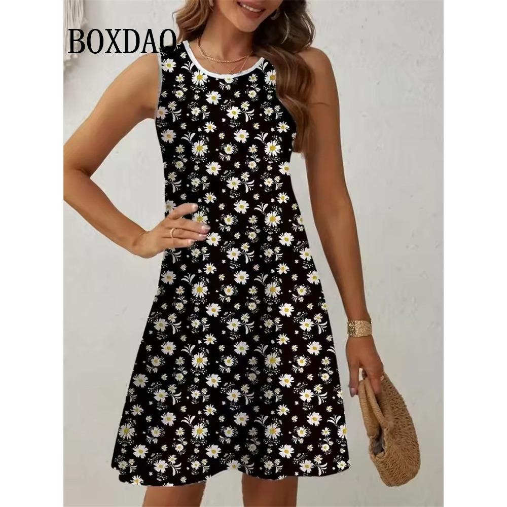 Sommer Retro Pflanzenblumen Druck Kleid Damen Rundhals Ärmellos Weste Kleid Lässig Urlaub Strand Locker Sommerkleid Damenkleid