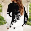 Women Plus Size V Neck Front Zip Long Sleeve Black White Butterfly Printed Sweatshirt
