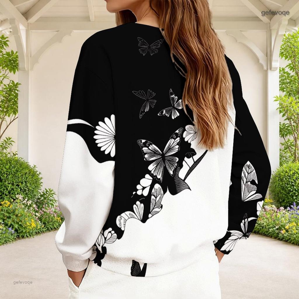 Women Plus Size V Neck Front Zip Long Sleeve Black White Butterfly Printed Sweatshirt