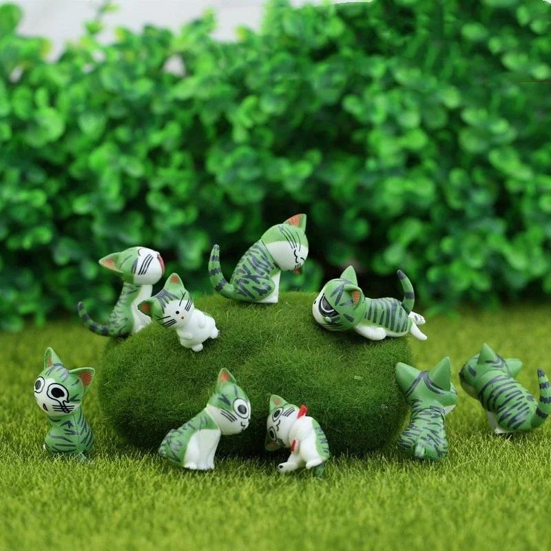 9pcs Cheese Cat Mini Ornament Sets Moss Micro Landscape Succulent Decorative Figurines Cartoon Animals Desktop Cats Craft Gifts