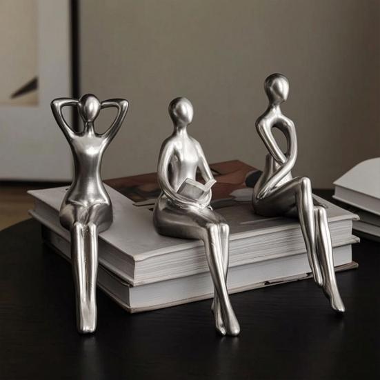 3 szt. Rzeźba do czytania z żywicy, Statua siedzącego myśliciela, Abstrakcyjna figurka kobiety na półkę na książki do domu, biura, salonu, półki, dekoracja biurka