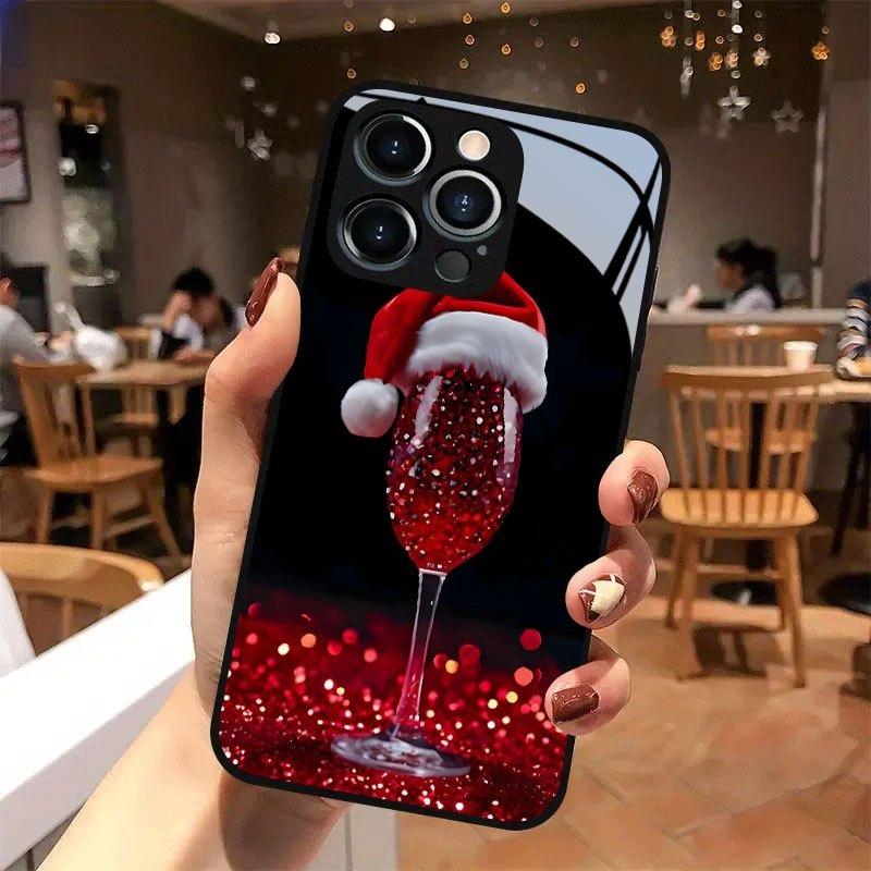 Christmas hat red wine glass patterned tempered glass phone case suitable for iPhone 17 16 15 14 13 12 11Pro/Max/Plus shockproof